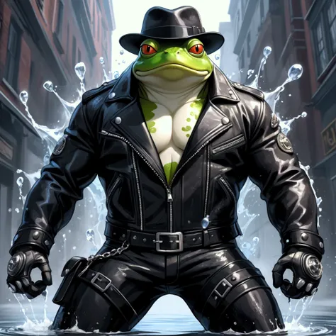 Closeup, comic book art style, an extremely badass anthropomorphic light blue and white bullfrog wearing an insanely cool black leather biker jacket open, black shirt, black fedora, black leather biker gloves, black leather biker pants, majestic, water, sp...