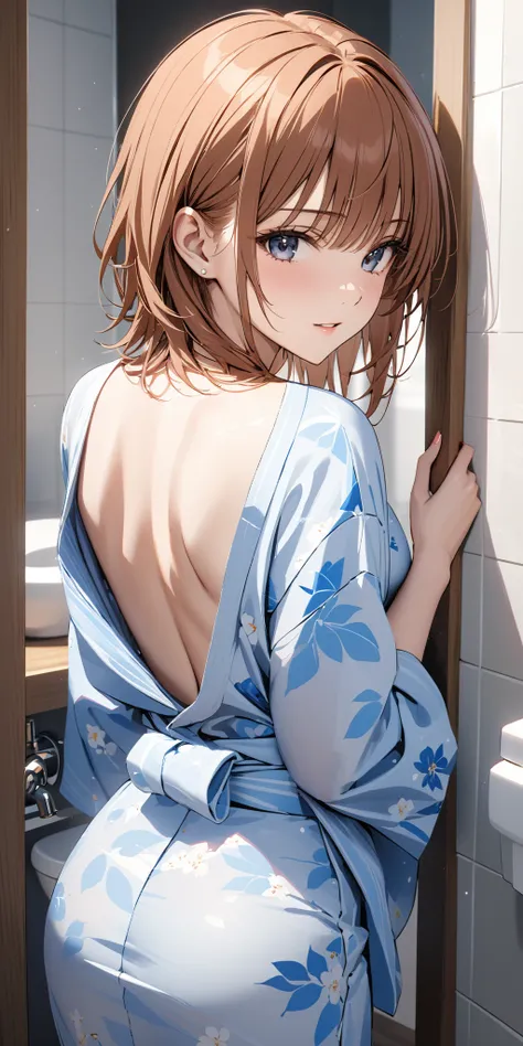 toilet, yukata, ( Misaka Mikoto), masterpiece:1.5, masterpiece, highest quality, UHD, retina, masterpiece, accurate anatomy, super detailed, high quality, best quality, 8k