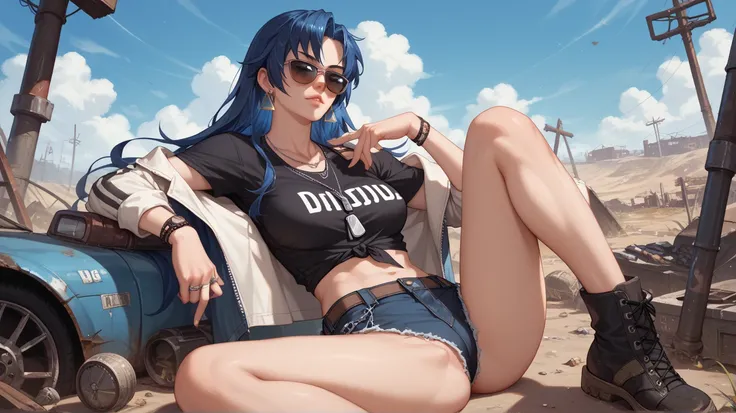 Sexy leona heidern,  long hair,  dark blue hair ,  triangle earrings, condog tags,  on a wasteland,  at night,,  sunglasses,  legs spread,  lifting their shirts, pechos desnudos,