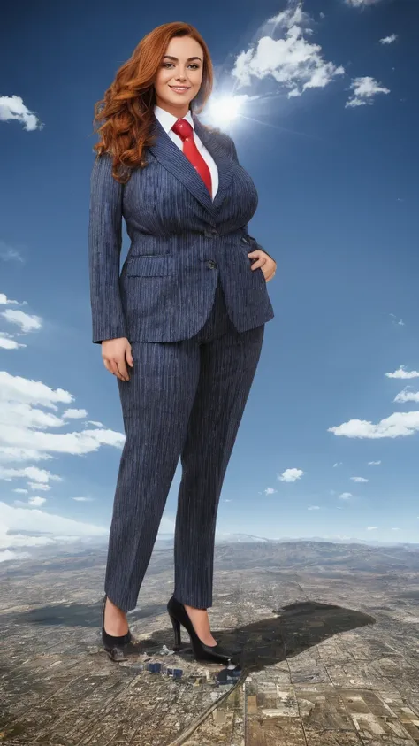 100 km tall giga giantic, curvy bbw woman with a beautiful smile, bigger than a giant city, curvaceous figure, massive beast, and long wavy bright ginger hair, with a curvaceous figure and massive breasts. wearing the finest navy blue pinstripe trouser, wh...