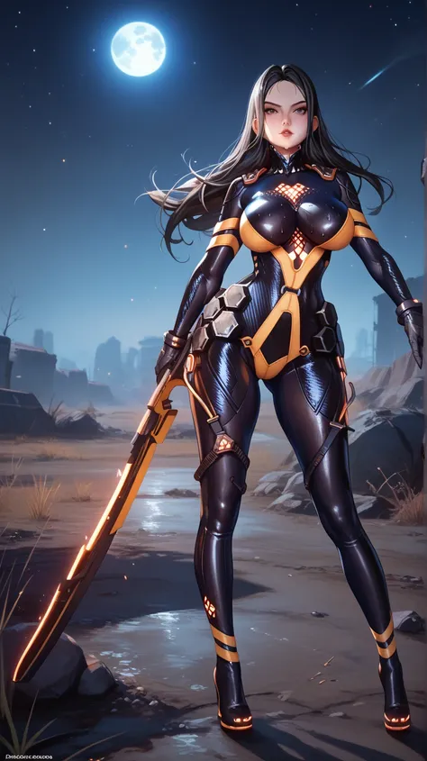 Sexy Tachy de Stella Blade, UHD,   big breasted,  long hair,  very black hair ,  black eyes,  Moon under the left eye, very tight black suit, in a wasteland, sweating, In the background a very starry night sky, With a great sword of light,  battle pose, fu...