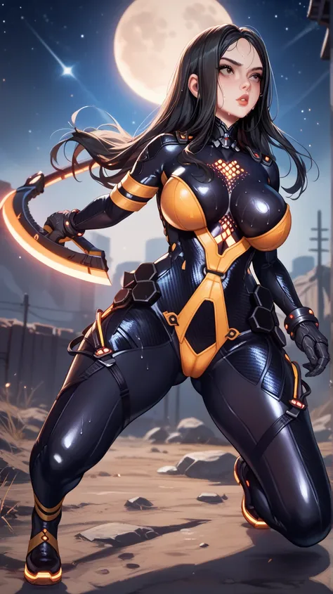 Sexy Tachy de Stella Blade, UHD,   big breasted,  long hair,  very black hair ,  black eyes,  Moon under the left eye, very tight black suit, in a wasteland, sweating, In the background a very starry night sky, With a great sword of light,  battle pose, fu...