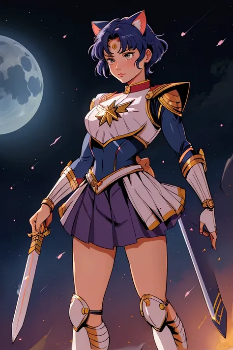 Usagi Tsukino/Sailor Moon dressed as Captain Marvel, cat ear,  body suit armor,  gauntlet,  full-body images,   blue armor, skirt,anime ,Sailor Moon skirt , use  armor  magic,   holding magic  swords,  blues  hair  , short hair 