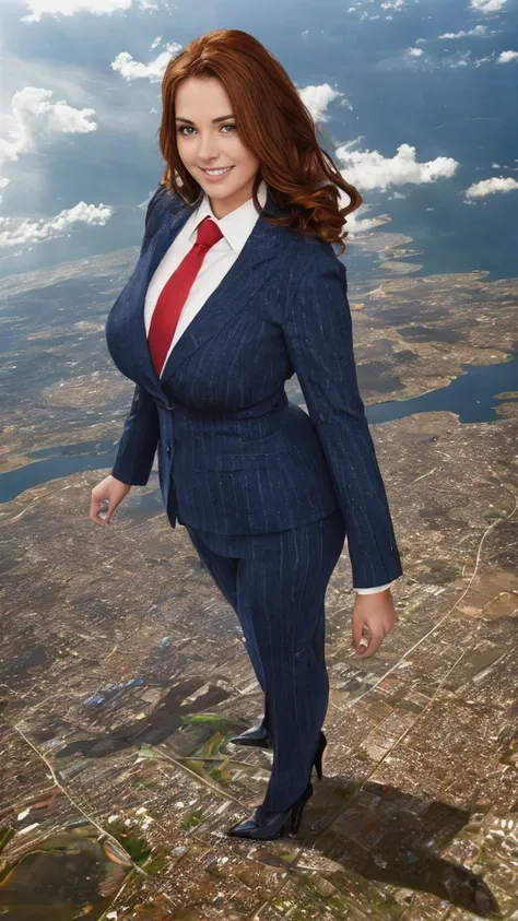 100 km tall giga giantic, curvy bbw woman with a beautiful smile, bigger than a giant city, curvaceous figure, massive beast, and long wavy bright ginger hair, with a curvaceous figure and massive breasts. wearing the finest navy blue pinstripe trouser, wh...