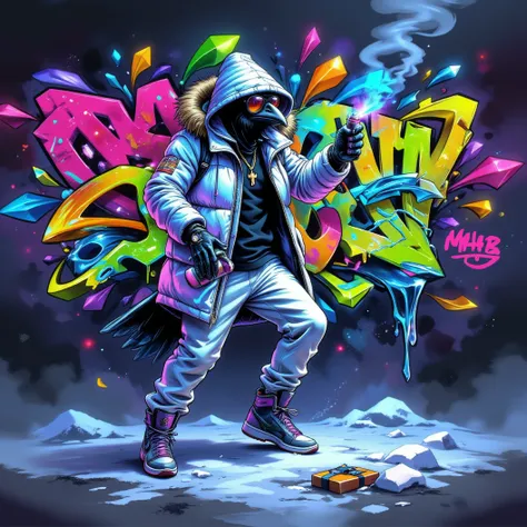 A hip hop anthropomorphic crow, street graffiti artist. Wearing baggy white pants, a black shirt and white puffy winter coat with a fur hood. Large mirrored sunglasses. Wearing flourescent silver, blue and purple, hi-top Jordan sneakers. Engaged in dynamic...