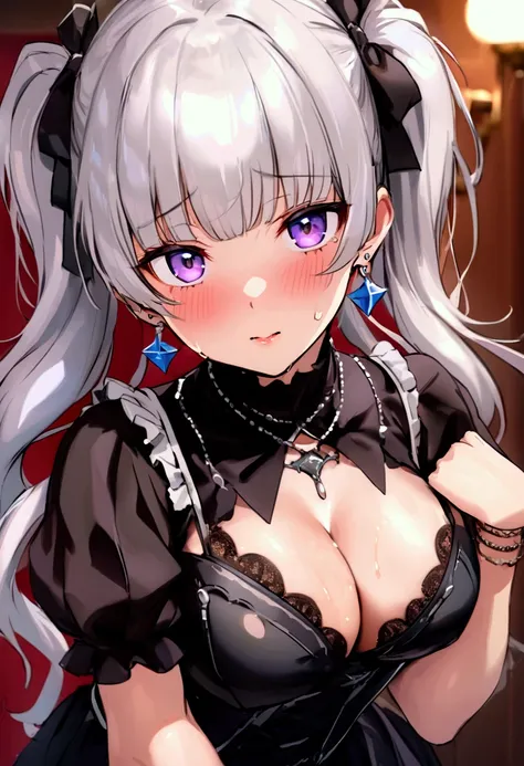 High quality, rich in detail, twin-tailed silver-haired girl posing cutely. They wear vintage Gothic gothic clothes, wearing bracelets, earrings and necklaces. Big are also visible. The photo is a close-up of the face, with cleavage, shiny breasts, sweat i...