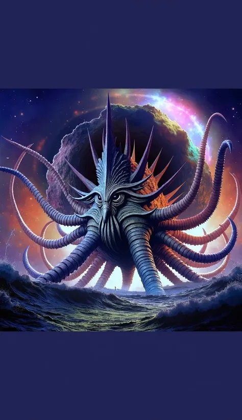  colossal creature with dozens of tentacles coming out of the sea, She doesn't have a face  ,  it has many sharp spines on its back , The sea is aggressive .  In the background there is a black hole ,  follow the reference image . this illustration feature...