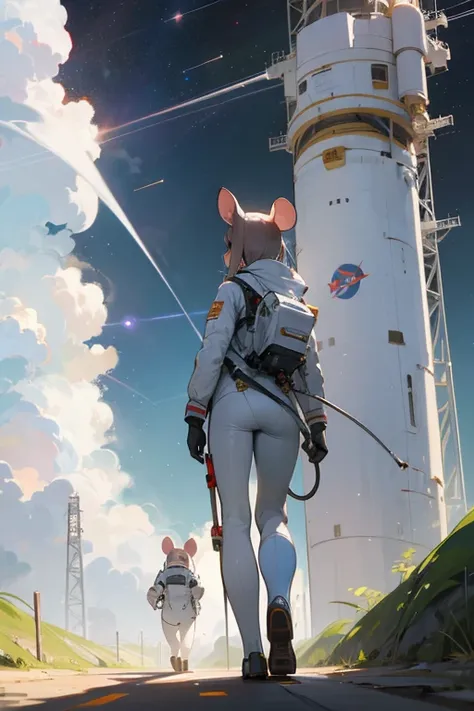  high resolution, White Rat,Personification,Mouse ears ,woman, slender,rocket launch site,Nasa,Back view,Space Suit,Above ground,Walk towards the rocket