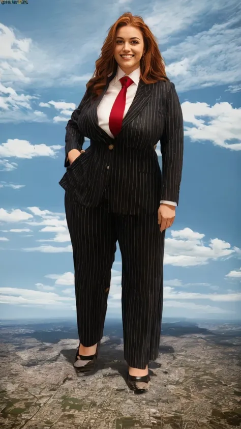 100 km tall giga giantic, curvy bbw woman with a beautiful smile, bigger than a giant city, curvaceous figure, massive beast, and long wavy bright ginger hair, with a curvaceous figure and massive breasts. wearing the finest navy blue pinstripe trouser, wh...