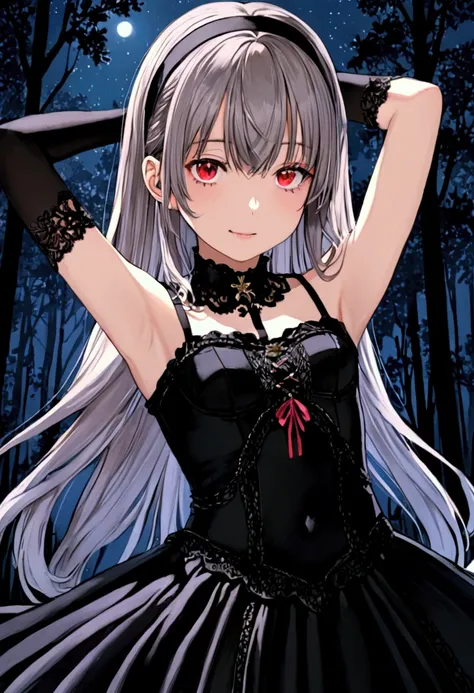 (((pixel-perfect, detail-perfect))), solo, 1girl, kobato hasegawa, heterochromia, red eyes, gothic, black dress, hairband, looking at viewer, cowboy shot, closed_mouth, night sky, forest, arms behind head, spread armpits, midriff, contrapposto, smile,