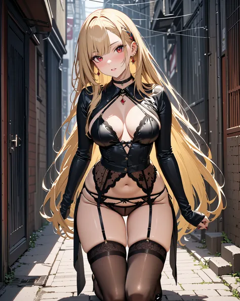 Back Alley,  stockings,  garter belt,  crouch, kitagawa marin, whole body,  1girl , blonde hair, long hair, multicolored hair, red eyes, jewelry, earrings, piercing, black choker, masterpiece:1.5, masterpiece, highest quality, UHD, retina, masterpiece, acc...