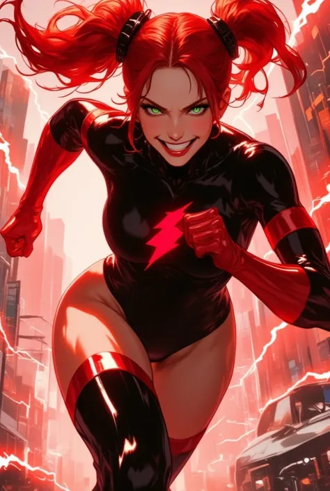 a woman in a tight black leotard with long sleeves with red trim, leaving her thighs bare, she wears long red leather gloves that cover her forearms. She wears black thigh high boots with a red stripe at the top. There is a bright red lightning bolt emblem...