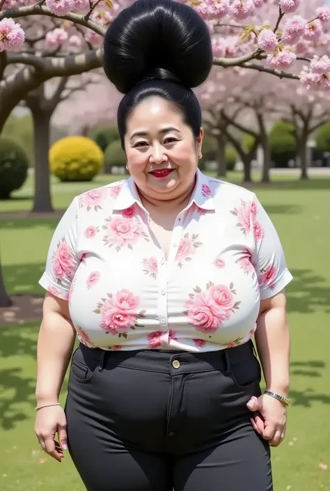 (( top quality、8k、masterpiece:1.3))、 sharp concentration,  high definition,  high resolution，,Floral Shirt， black jeans，Jet black haired woman with huge hair bun in her 50s，fat , Woman with huge breasts that hang down to the navel ,  mature， charming smile...