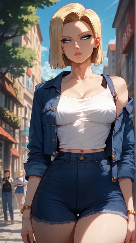 Android 18 style,  perfect eyes,  perfectly sexy face, ultra detailed,  ultra perfect eyes ,  big beautiful woman , standing, dark blue shorts, Body,  looking at the spectator,