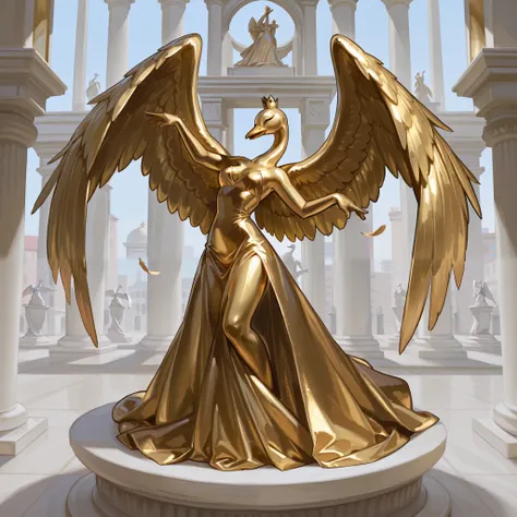 Golden swan, woman, feathers, wings, dancing, gold dress, completely gold body, statue, solo, swan furry, outside, in front of building, pedestal, standing on pedestal.