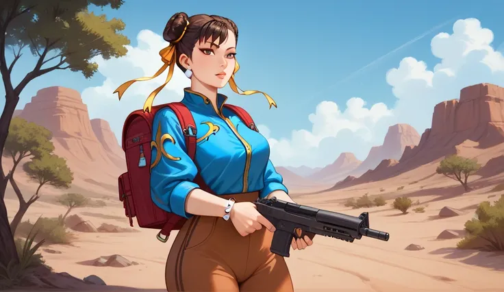 1 , Alone,  High resolution little bear, Chun-Li In a Game Battle Royale she has a gun in her hand and a backpack on her back The Scenario in a place with dry weather Rocks look like a desert dry trees Masterpiece,  Awarded multiple times , Ultra HD,  High...