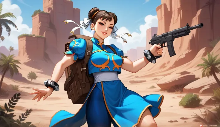 1 , Alone,  High resolution little bear, Chun-Li In a Game Battle Royale she has a gun in her hand and a backpack on her back The Scenario in a place with dry weather Rocks look like a desert dry trees Masterpiece,  Awarded multiple times , Ultra HD,  High...