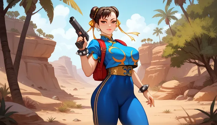 1 , Alone,  High resolution little bear, Chun-Li In a Game Battle Royale she has a gun in her hand and a backpack on her back The Scenario in a place with dry weather Rocks look like a desert dry trees Masterpiece,  Awarded multiple times , Ultra HD,  High...