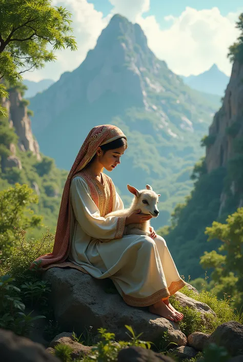 Portrait d'une fille arabe dans la forêt, avec une petite chèvre sur ses mains, , assise sur un rocher au sommet de la montagne 