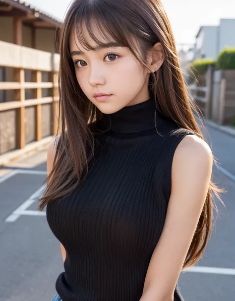  A female middle school student who emphasizes beautiful upper arms with just the right amount of muscle and seductive, attractive shoulders from a sleeveless black turtleneck knit sweater to show viewers, one girl,  break,  Very realistic skin texture、hig...