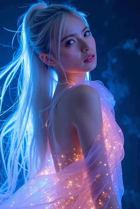 Image of a beautiful girl surrounded by light particles, masterpiece. UHD. photorealistic, full body, Ultra-realistic capture, 18k, RAW photos, highest quality, masterpiece, reality, very detailed, very beautiful girl, detailed face, rainbow, automata, cyb...