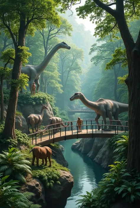 A zoo with various types of animals,  in the forest, Giving the appearance of a giant forest,  where animals feel free and humans can see them from inside a glass walkway, That there was a lake with a waterfall, toys like rock climbing or ziplines and gian...