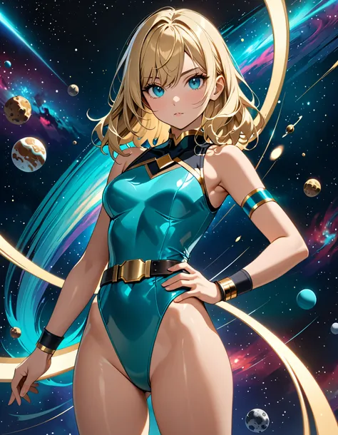 masterpiece, best quality, hires, highly detailed, 8K. Beautiful and blond, teal blue eyes, waist-length hair, (sleeveless, high leg leotard, teal blue leotard with black top), (high-waisted gold belt), (bare legs), (matching wrist bands), (hand on hip, pe...