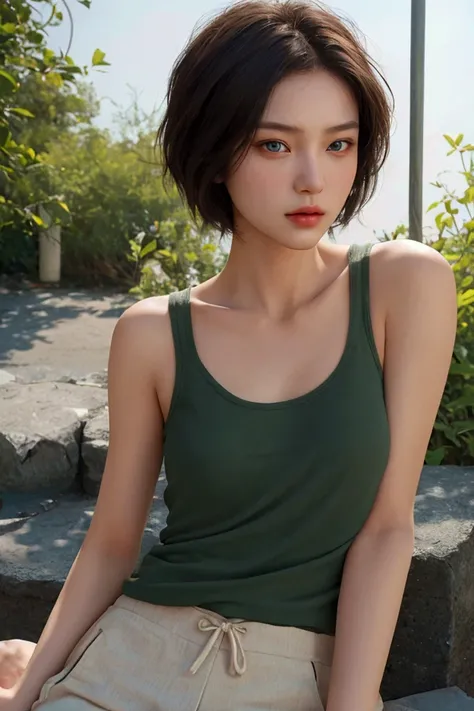  masterpiece,  high resolution, Beauty, The Asian Model, subtle makeup, cunning cat's gaze ,  korean,  style short hair: 1.2,  square haircut with slightly wavy brown hair,  big green eyes , golden ratio, 25 years old,: 1.2,  Perfect face, perfect lines,  ...