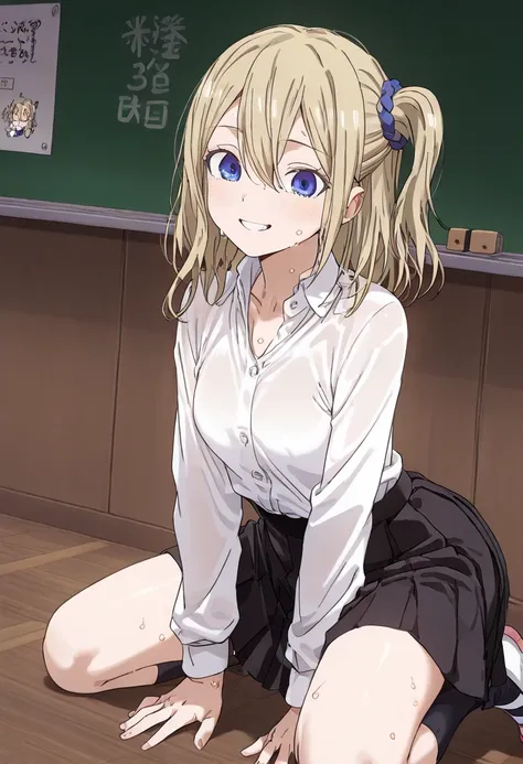 NSFW、Hayasaka Ai、 school classroom、 one up side、 school uniform 、 white shirt 、 short black skirt、((sweat))、body odor、smile、 dynamic angle 、( breakdance )