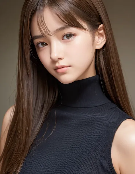  A female middle school student who emphasizes beautiful upper arms with just the right amount of muscle and seductive, attractive shoulders from a sleeveless black turtleneck knit sweater to show viewers, one girl,  break,  Very realistic skin texture、hig...