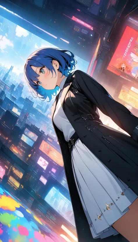 (masterpiece,  best quality,  Official Art:1.2), ( colorful),  perfect anatomy, One Girl, front view。 short hair。Blue hair color。Late Night。  Compa。 ( crescent:1.5) Ultra Precise Illustration ,  finely drawn in detail ,  dynamic angle,  Beautiful details i...