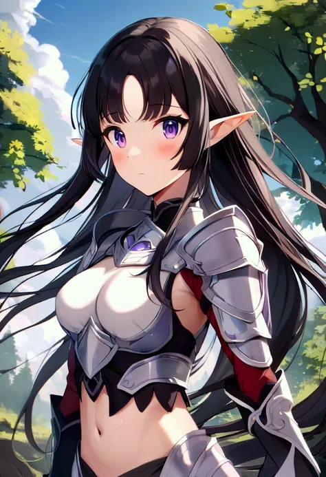 emera, 1girl, solo, brests, long_hair, looking_at_viewer, blush, black_hair, medium_breasts, navel, purple_eyes, upper_body, pointy_ears, midriff, armor, tree, elf, forehead, outdoor