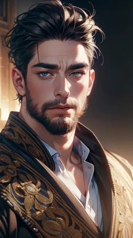 (    best quality,4K,8k,    highres,    masterpiece :1.2),    ultra-detailed    ,(realistic,photorealistic,photo-realistic:1.37),36-year-old man,3 day beard,Beautiful anime,Portraits,strong,Masculine,     with black hair  ,sharp jaw,       mesmerizing eyes...