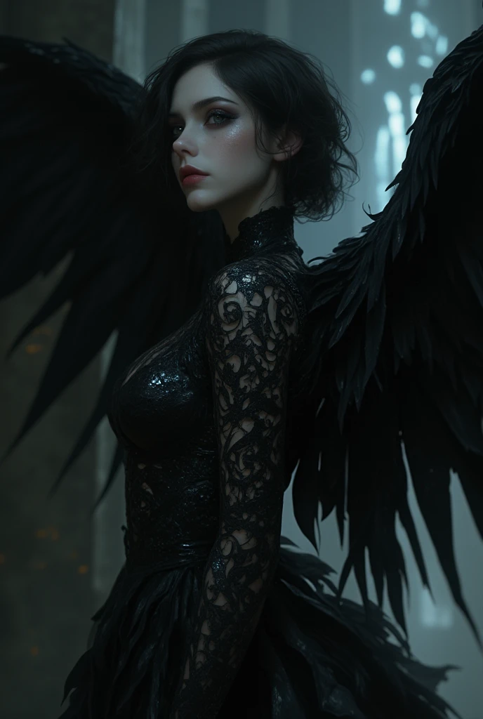 a close up of a woman in a black costume with wings, villainess has black angel wings, angel knight gothic girl, black wings instead of arms, as a mystical valkyrie, raven angel wings, raven winged female vampire, dark angel, angel knight girl, dark feathe...