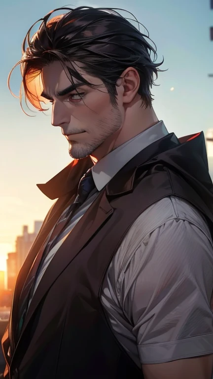 (    best quality,4K,8k,    highres,    masterpiece :1.2),    ultra-detailed    ,(realistic,photorealistic,photo-realistic:1.37),36-year-old man,3 day beard,Beautiful anime,Portraits,strong,Masculine,     with black hair  ,sharp jaw,       mesmerizing eyes...