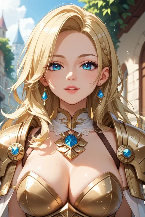  outdoor、A female swordsman wearing luxurious, Western-style golden armor and a teddy bear wield swords in battle、 Warm Light,  Sparkling Effects ,  The light is shining  。 best quality、masterpiece、 glitter effect ,  dynamic composition、Blonde, 