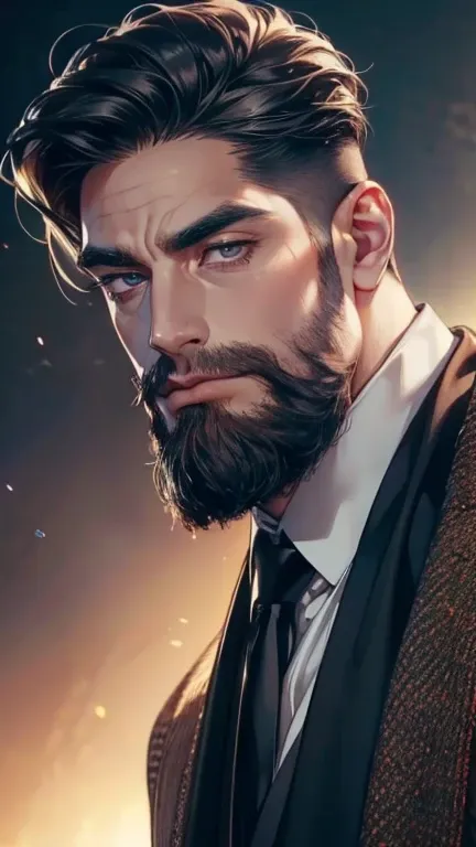 (    best quality,4K,8k,    highres,    masterpiece :1.2),    ultra-detailed    ,(realistic,photorealistic,photo-realistic:1.37),36-year-old man,3 day beard,Beautiful anime,Portraits,strong,Masculine,     with black hair  ,sharp jaw,       mesmerizing eyes...