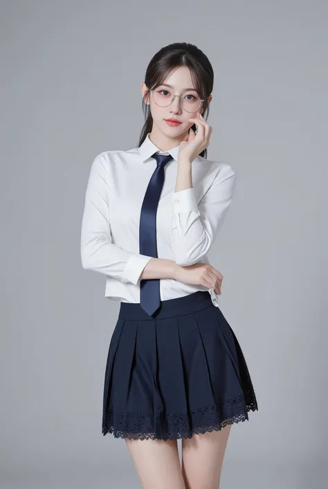 Masterpiece, best quality, 8k, highly detailed, (full figure composition), realistic, exquisite facial features, perfect face, shiny skin, female, solo, light smile. ((Irene)), an 18-year-old with an oval-shaped face, stands gracefully in a well-lit studio...