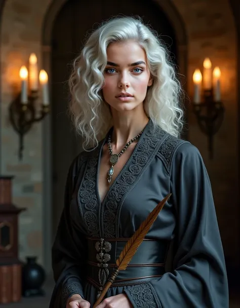 A strikingly elegant and alluring woman with medium-length wavy white hair, approximately 65 years old, standing confidently in a grand, enchanted hall. She is the heiress of Hogwarts and a descendant of the Dumbledore family, exuding an air of mystery and...