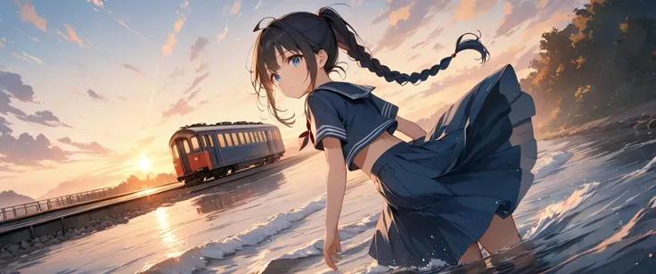 Anime、(( amazing absurd falling through the air )),(masterpiece:1.2),超 high resolution,  attention to detail,  high quality,  high resolution, 最 high quality, 4K, 8k、 girl 、 I put my hand in my pocket、 long hair、  black hair、 Extra Long Braids、Tie at back、...