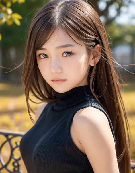  A female middle school student who emphasizes beautiful upper arms with just the right amount of muscle and seductive, attractive shoulders from a sleeveless black turtleneck knit sweater to show viewers, one girl,  break,  Very realistic skin texture、hig...