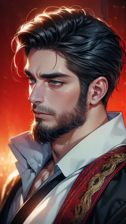 (    best quality,4K,8k,    highres,    masterpiece :1.2),    ultra-detailed    ,(realistic,photorealistic,photo-realistic:1.37),36-year-old man,3 day beard,Beautiful anime,Portraits,strong,Masculine,     with black hair  ,sharp jaw,       mesmerizing eyes...