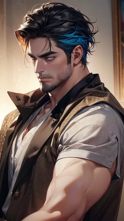 (    best quality,4K,8k,    highres,    masterpiece :1.2),    ultra-detailed    ,(realistic,photorealistic,photo-realistic:1.37),36-year-old man,3 day beard,Beautiful anime,Portraits,strong,Masculine,     with black hair  ,sharp jaw,       mesmerizing eyes...