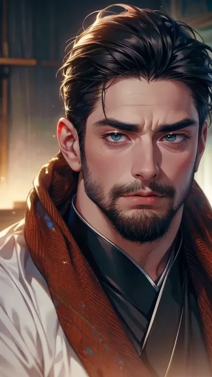 (    best quality,4K,8k,    highres,    masterpiece :1.2),    ultra-detailed    ,(realistic,photorealistic,photo-realistic:1.37),36-year-old man,3 day beard,Beautiful anime,Portraits,strong,Masculine,     with black hair  ,sharp jaw,       mesmerizing eyes...