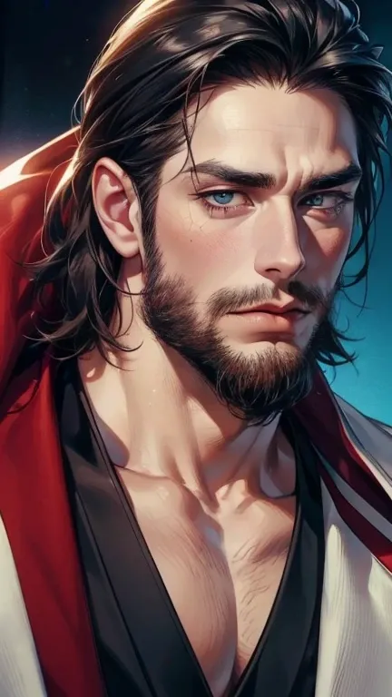 (    best quality,4K,8k,    highres,    masterpiece :1.2),    ultra-detailed    ,(realistic,photorealistic,photo-realistic:1.37),36-year-old man,3 day beard,Beautiful anime,Portraits,strong,Masculine,     with black hair  ,sharp jaw,       mesmerizing eyes...