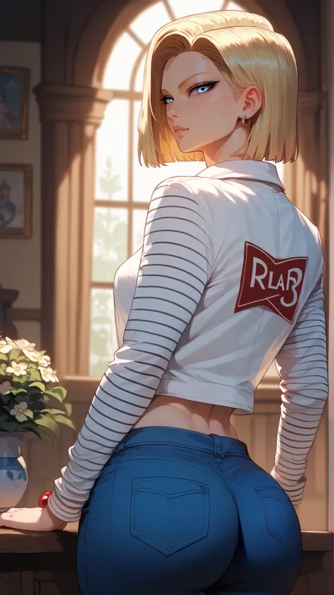 Android 18 style,  perfect eyes,  perfectly sexy face, ultra detailed,  ultra perfect eyes ,  big beautiful woman ,  rear view , dark blue shorts, Body,  looking at the spectator,