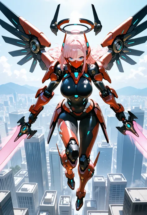 1girl ,gigant mecha musume,shiny body ,,expressionless,eyelashes,face mask,blue eyes,pink hair,hime cut,short straight hair,asymmetrical bangs,large breasts,mechanical breasts,mechanical wings,mechanical halo,mechanical body,mechanical arms,mechanical legs...