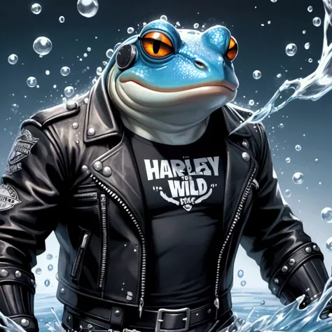 Closeup, comic book art style, an extremely badass anthropomorphic light blue and white bullfrog wearing an insanely cool black leather Harley Davidson biker jacket open, black shirt, black leather biker gloves, black leather biker pants, majestic, water, ...