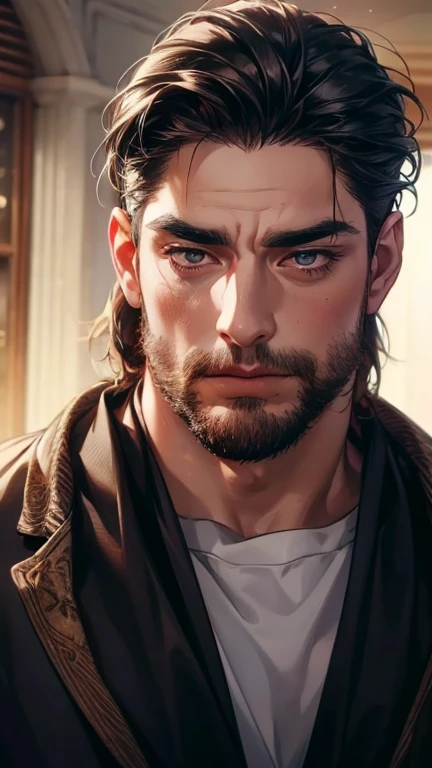 (    best quality,4K,8k,    highres,    masterpiece :1.2),    ultra-detailed    ,(realistic,photorealistic,photo-realistic:1.37),36-year-old man,3 day beard,Beautiful anime,Portraits,strong,Masculine,     with black hair  ,sharp jaw,       mesmerizing eyes...