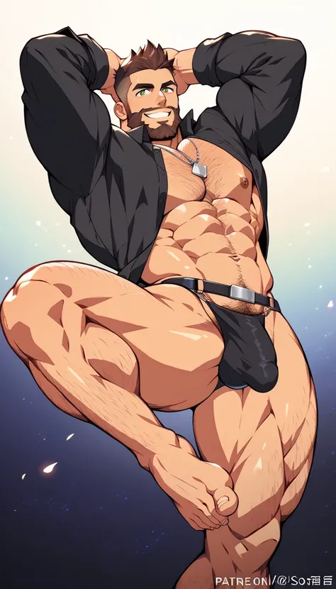 a handsome bearded tattoed hairy muscled man half naked, open his black shirt, leather harness, half full naked, smile, green eyes, brown hair, short haircut, very handsome, big arms, thin waist, big chest, small nipples, perfect anatomy, average penis, av...